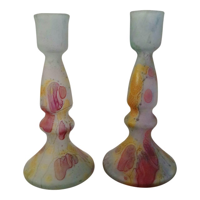 1980s Rueven Art Nouveau Art Glass Candle Holders, a Pair For Sale