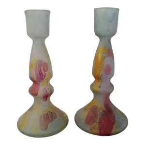 1980s Rueven Art Nouveau Art Glass Candle Holders, a Pair