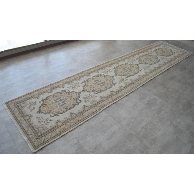 Mid-Century Modern Traditional Oushak Runner Rug Faded Colors Low Pile Distressed Long Runner Rug - 2'9″ X 12'7″ For Sale - Image 3 of 10