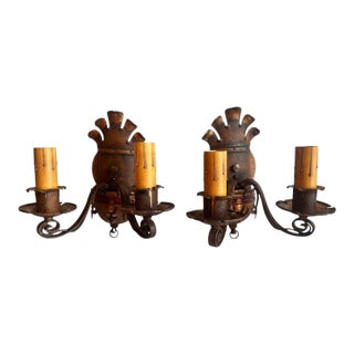 Pair Brass and Iron Sconces in Original Old Paint Patina, Circa 1910 For Sale