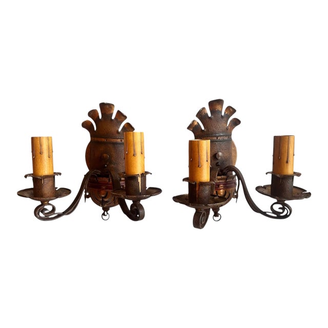 Pair Brass and Iron Sconces in Original Old Paint Patina, Circa 1910 For Sale