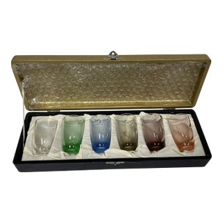 Mid 20th Century Japanese Multicolor Cordial Glasses in Original Presentation Case – Set of 6 For Sale