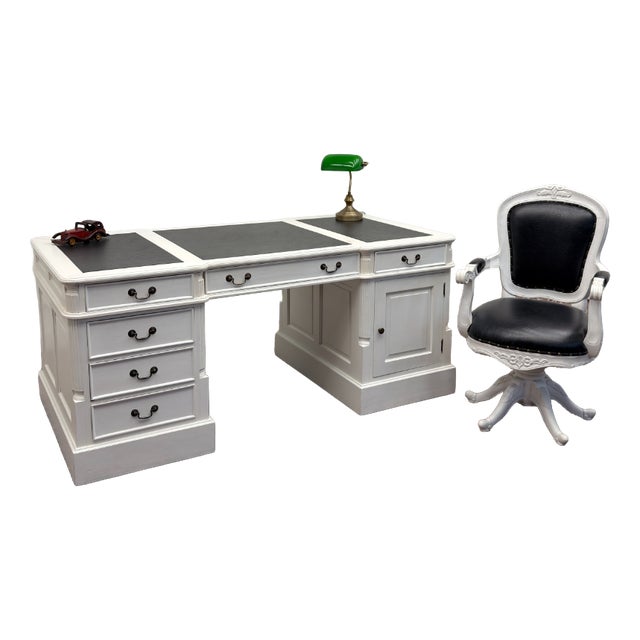Classic English White Desk with Desk Chair, Set of 2 For Sale