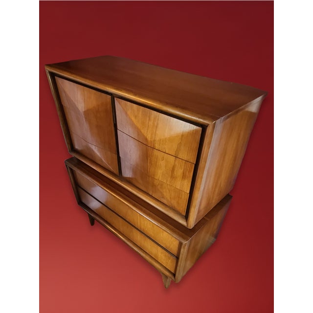 1950s Mid Century Walnut Diamond Front Highboy by United Furniture