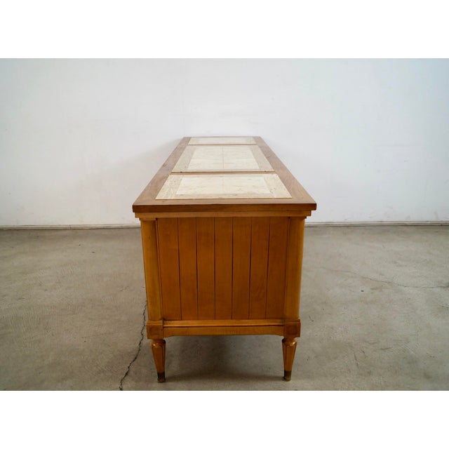Wood 1960’s Hollywood Regency Burl Wood & Travertine Credenza / Low Console Table For Sale - Image 7 of 12