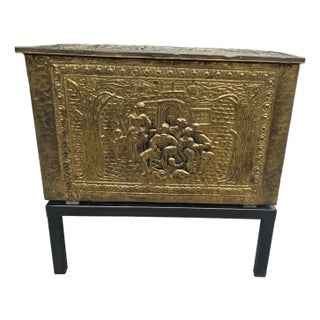 Mid 20th C Pressed Raised Brass Pub/Tavern Scene Firewood Kindling Storage Box on Stand For Sale