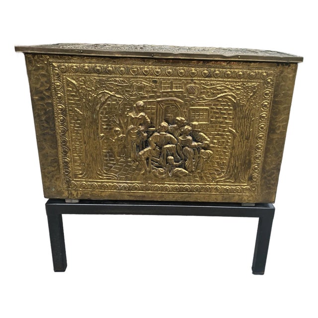 Mid 20th C Pressed Raised Brass Pub/Tavern Scene Firewood Kindling Storage Box on Stand For Sale