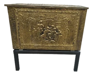 Mid 20th C Pressed Raised Brass Pub/Tavern Scene Firewood Kindling Storage Box on Stand
