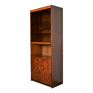 Jack Cartwright for Founders Burl Wood Lighted Bookcase or Bar Cabinet, Circa 1970s