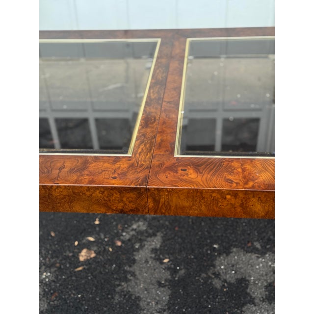 Mid-Century Modern 1970s Burl Wood and Brass Dining Table With Glass Insets in the Style of Milo Baughman For Sale - Image 3 of 11