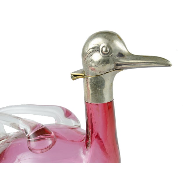 Pair of 1960s Silver-Plated and Deep Cranberry Pink Glass Figural Duck Claret Jugs, Czech Republic For Sale - Image 4 of 10