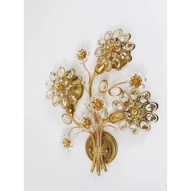 Large Gilt Brass Flower Wall Light with Faceted Crystals from Palwa, Germany, 1970s For Sale - Image 9 of 10