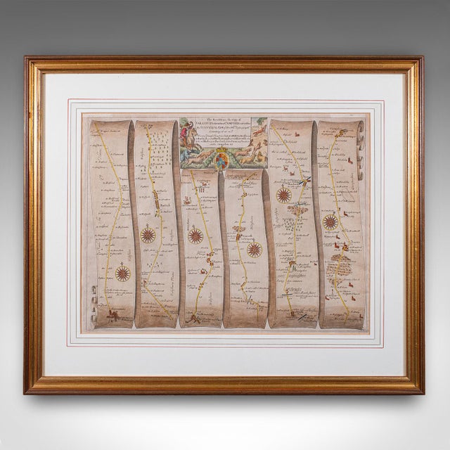 This is an antique coaching road map of Salisbury to Campden. An English, framed cartography lithograph of regional...