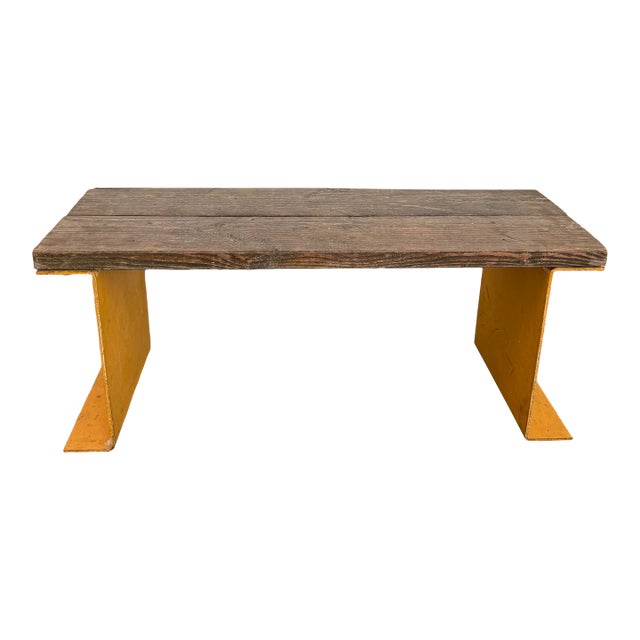 Late 20th Century Industrial Pine Wood and Yellow Steel Slat Bench or Coffee Table For Sale