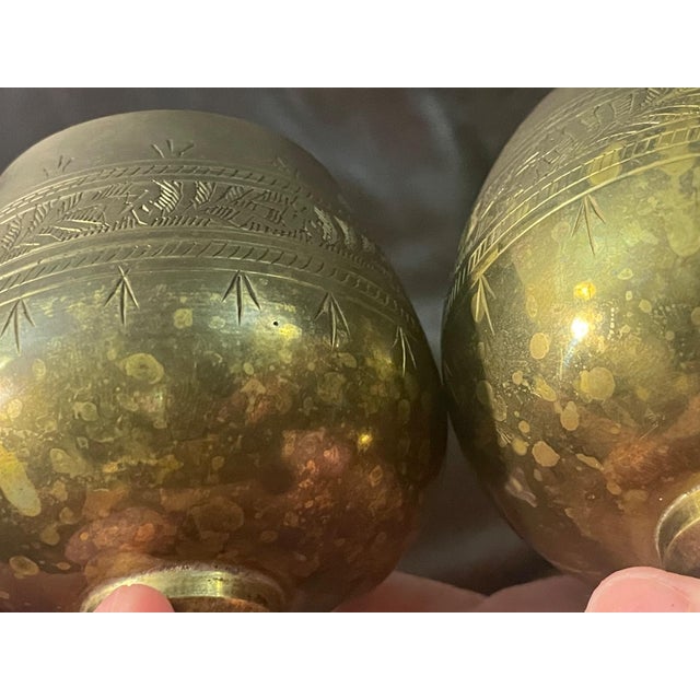 Late 20th Century Vintage Etched Brass Goblet Floral Engraved Boho Chalice Cups - Set of 2 For Sale - Image 5 of 5