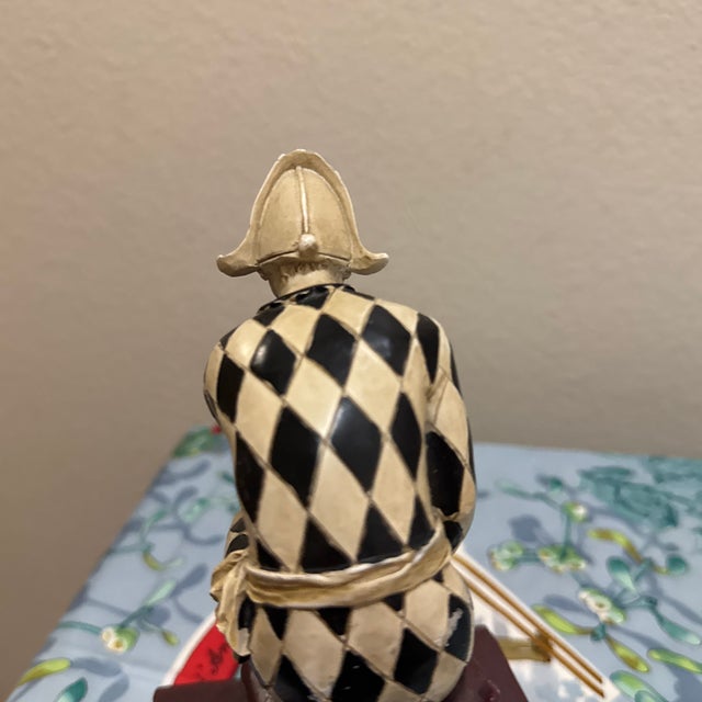 Black French Art Deco Hand-Painted Harlequin "The Thinker" Jester Bookend For Sale - Image 8 of 10