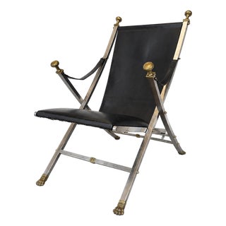 Attributed to Maison Jansen Campaign Chairs – Brass & Steel With Black Leather Sling, 1970s. Three Available. For Sale