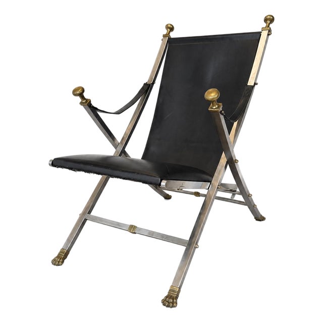 Attributed to Maison Jansen Campaign Chairs – Brass & Steel With Black Leather Sling, 1970s. Three Available. For Sale