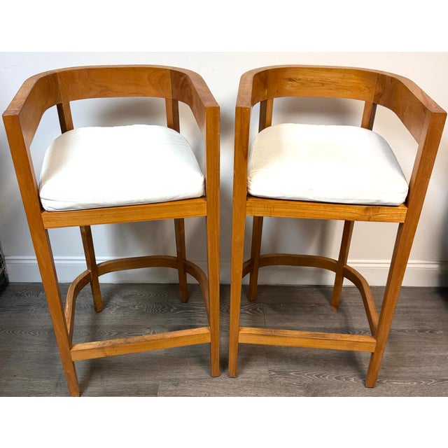 Wood Pair Architectural Solid Teak Bar Stools Attributed to Palecek, Organic Modern For Sale - Image 7 of 14