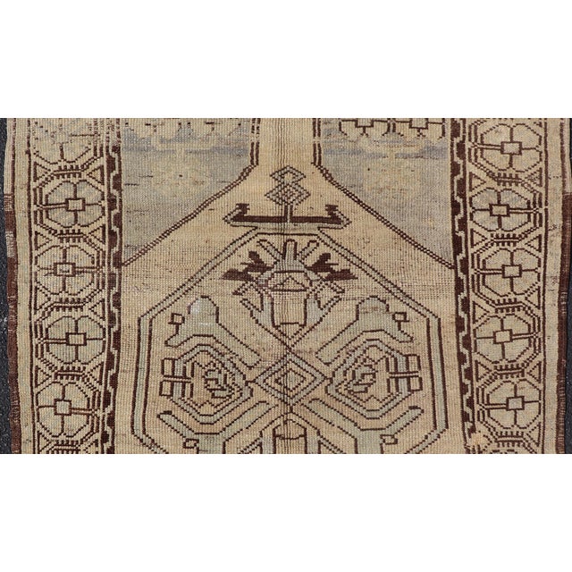 Mid 20th Century Geometric Tribal Vintage Turkish Oushak Rug in Brown Cream Light Blue and Tan For Sale - Image 9 of 13