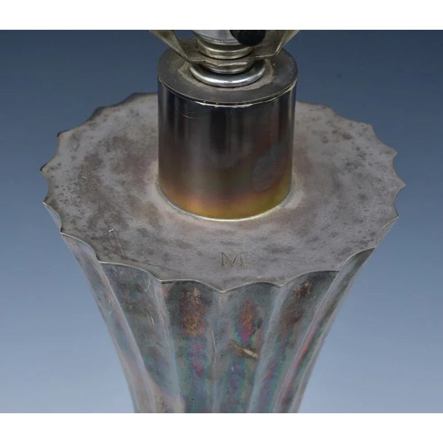 Tall Fluted Silverplated Designer Table Lamp 32"high overall, 20" high fluted column, 20" diameter shade monogrammed with...