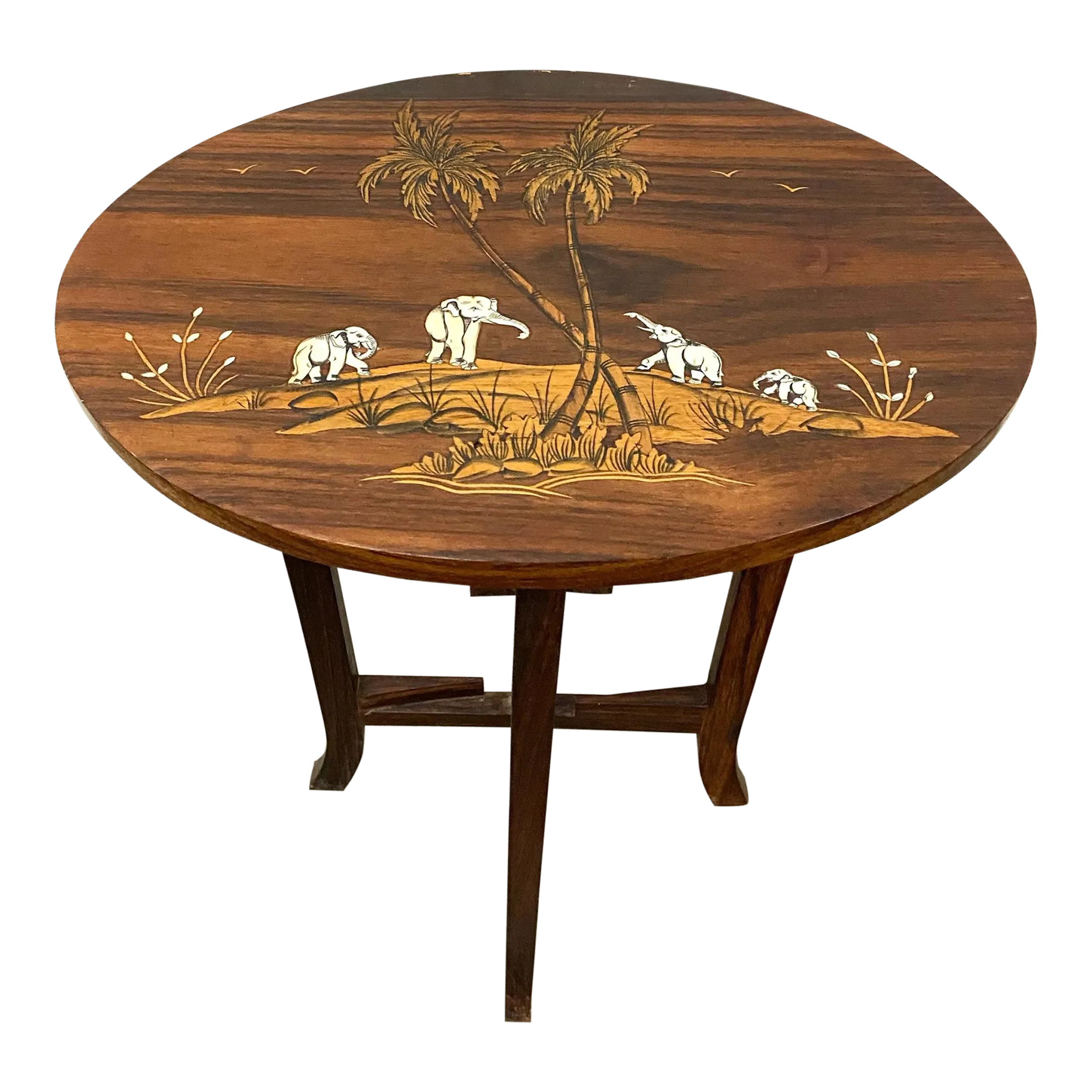 Vintage Shibayama Style Hardwood Side Table With Inlaid Elephant