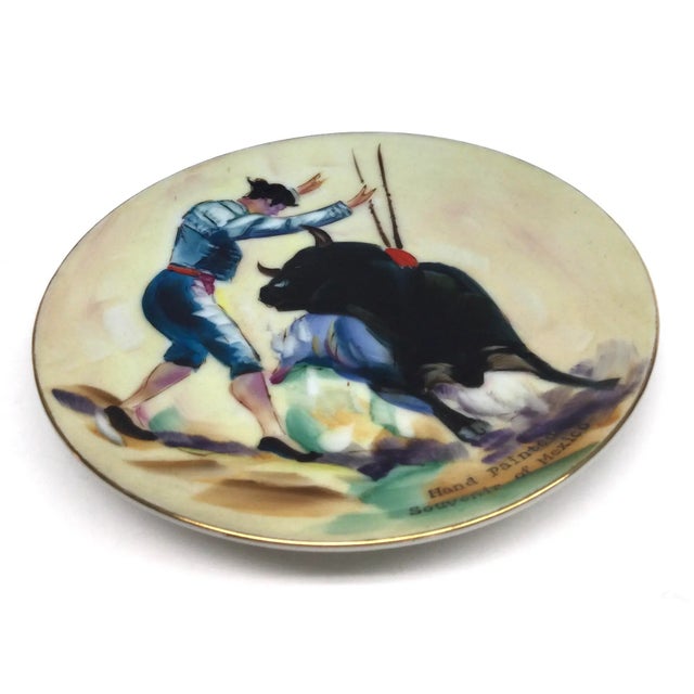 Mid-Century Modern 1950s Ceramic Hand Painted Plate Mexican Bull Fighting For Sale - Image 3 of 8