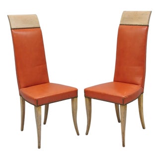 Vintage French Art Deco Gio Ponti Style High Back Pickled Wash Side Chair - Pair For Sale