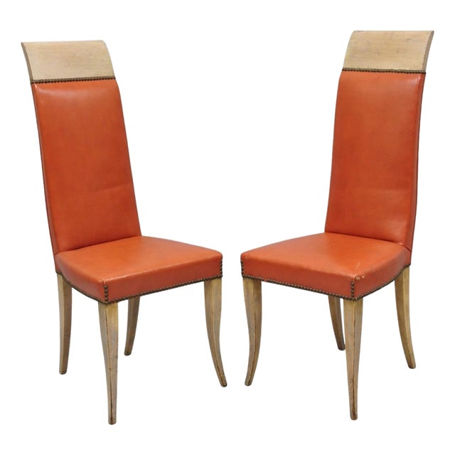 Vintage French Art Deco Gio Ponti Style High Back Pickled Wash Side Chair - Pair For Sale