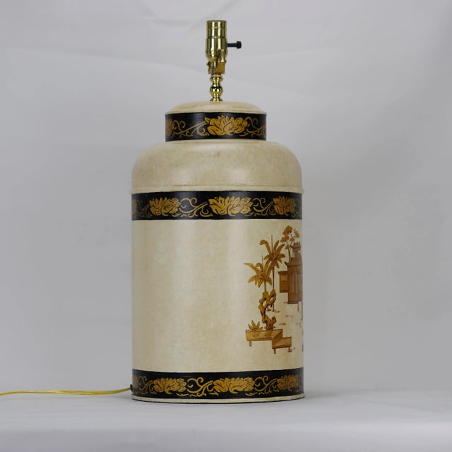 A Pair English Export Hexagonal Tea Caddy Hand-Painted Chinoiserie Landscape Table Lamp For Sale - Image 4 of 9