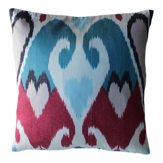 Contemporary Turkish Red & Blue Silk Ikat illow For Sale