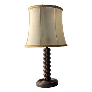 Vintage Table Lamp in Oak with Parchment Leather Shade by Charles Dudouyt, France, 1950s For Sale