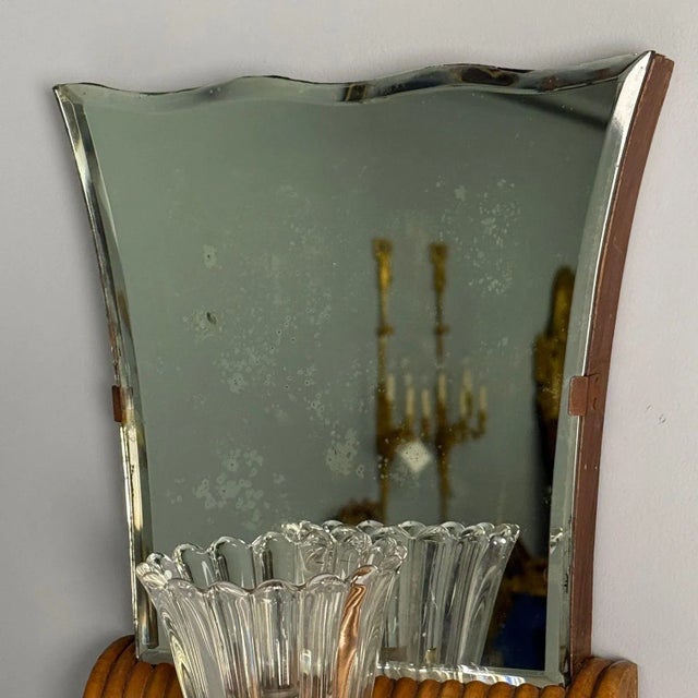 Wood Italian Mid-Century Modern, Mirrored Wall Sconces, Brass, Wood, Italy, 1940s For Sale - Image 7 of 9