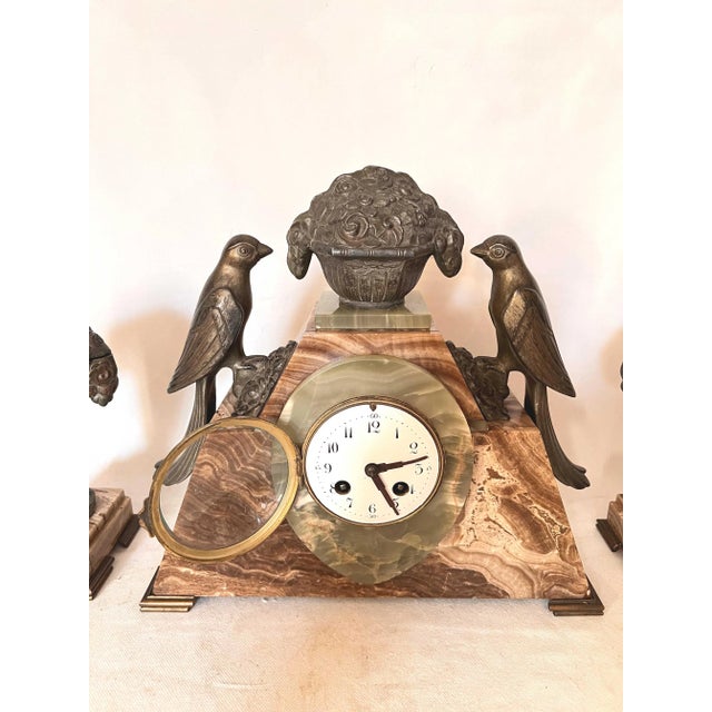 Art Deco Clock with Cassolettes in Marble, Set of 3 For Sale - Image 14 of 17