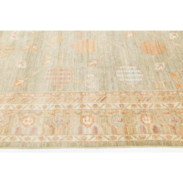 Sand Artisan Sage & Terracotta Hand-Knotted Khotan Pomegranate Wool Rug 10x14 For Sale - Image 8 of 11