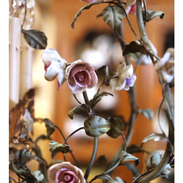 Metal Early 20th Century French Three-Light Tole Chandelier With Porcelain Flowers For Sale - Image 7 of 11