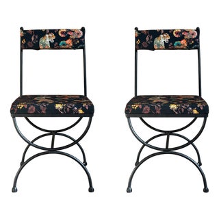 New Pair of Chairs in Wrought Iron with Silinog Fabric by Etro in Back and Seat For Sale