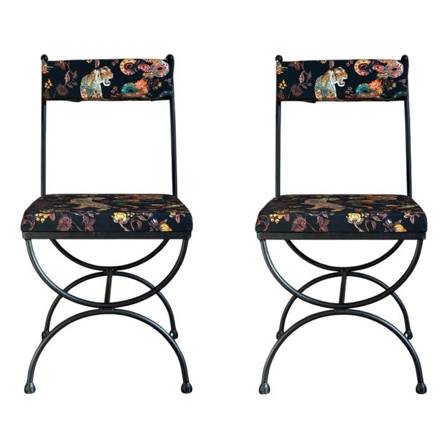 New Pair of Chairs in Wrought Iron with Silinog Fabric by Etro in Back and Seat For Sale