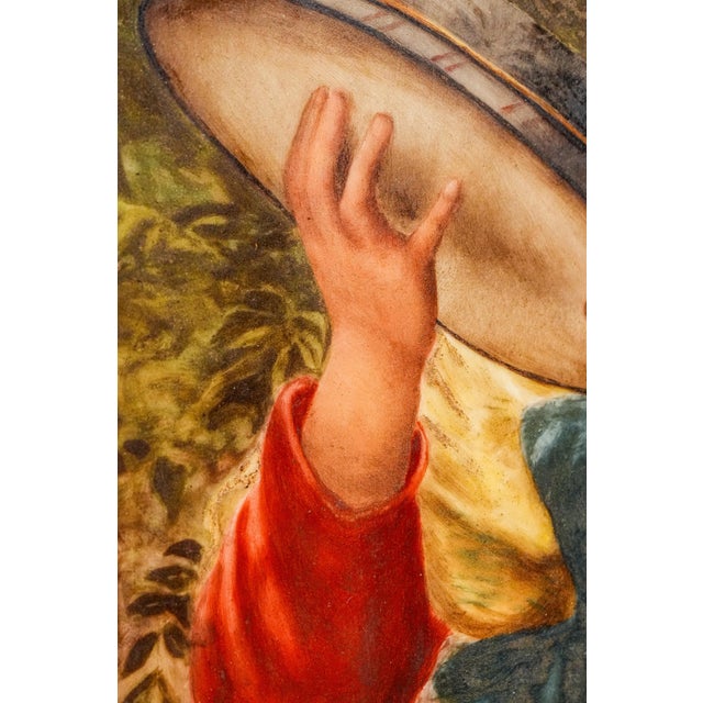Wood Art Nouveau Maiden Antique German Porcelain Tile Painting Carved Wood Frame For Sale - Image 7 of 15