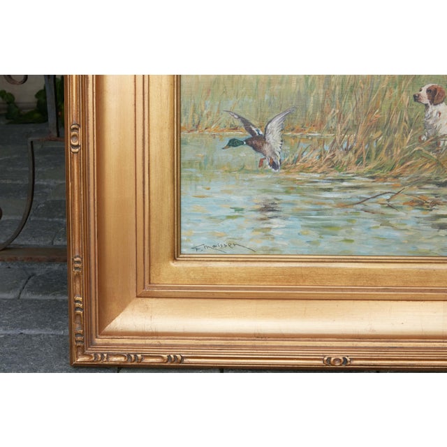 Textile Fernand Maissen Oil on Panel Painting Depicting a Setter Hunting a River Mallard For Sale - Image 7 of 12