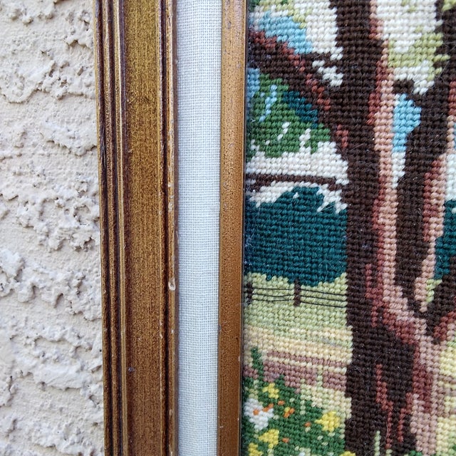 Wood 1970s Framed Needlepoint Country Scene Church With Steeple For Sale - Image 7 of 12