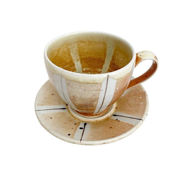 1990s 1990s Ceramic Coffee Cup and Saucer Set, Wabi Sabi Studio Pottery Mug, Earthy Striped Tea Cup, Unique Artisan Stoneware Gift for Coffee Lover For Sale - Image 5 of 6