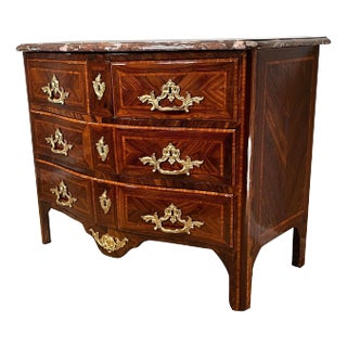 French Régence Ormolu-Mounted Rosewood & Kingwood Inlay Rouge Marble Top Commode For Sale
