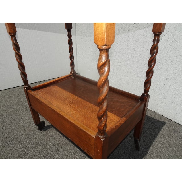 Brown Lh26 Vintage French Country Oak Barley Twist Tea Cart For Sale - Image 8 of 12