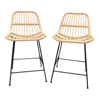 Rattan Wicker & Metal Counter Stools - a Pair For Sale