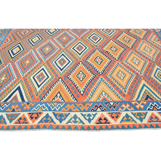 Massive Square Kilim Rug 14x15 Ft, Antique Style Turkish Flatweave, Terracotta & Denim Blue Tribal Rug, Organic Wool Rustic Farmhouse Decor For Sale - Image 13 of 16