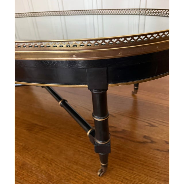 Chinoiserie Chinoiserie Faux Bamboo Black Lacquered Coffee Table With Brass Gallery For Sale - Image 3 of 7