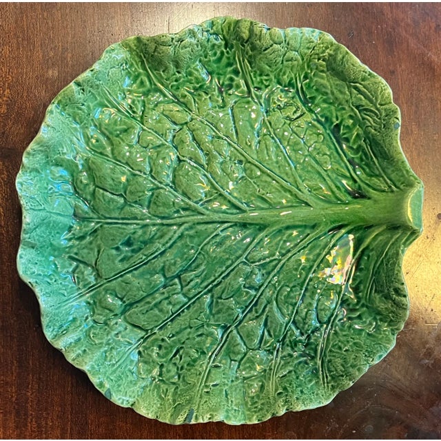 Antique Portuguese Majolica Pottery Green Cabbage or Lettuce Leaf Serving Dish For Sale - Image 9 of 14