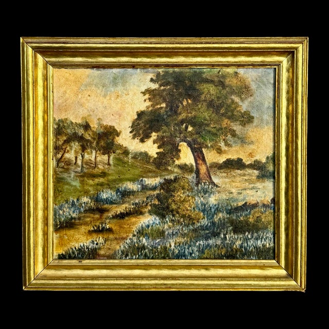American Antique American Bluebonnet Wildflower Texas Landscape Oil Painting W/ James Bute Frame For Sale - Image 3 of 10