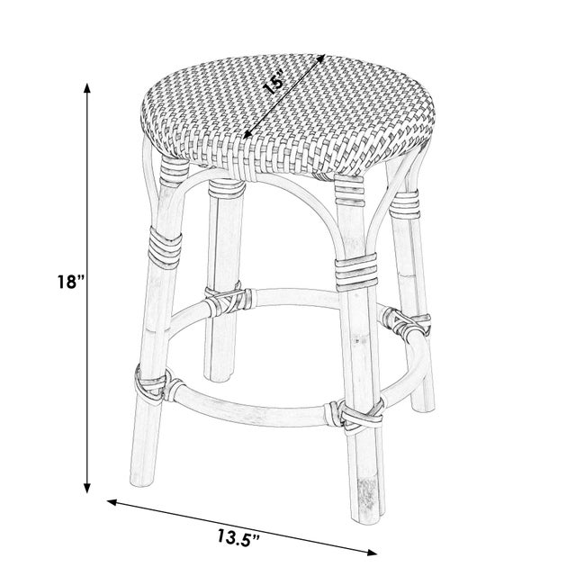 Transitional Tobias 18 in. Seat Height Round Rattan Dining Stool, White/Tan Dot / Natural Rattan Frame For Sale - Image 3 of 7